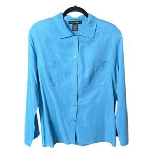SilkLand 100% Silk Button Down Blouse Sky Blue Lightweight Collared Shirt - M